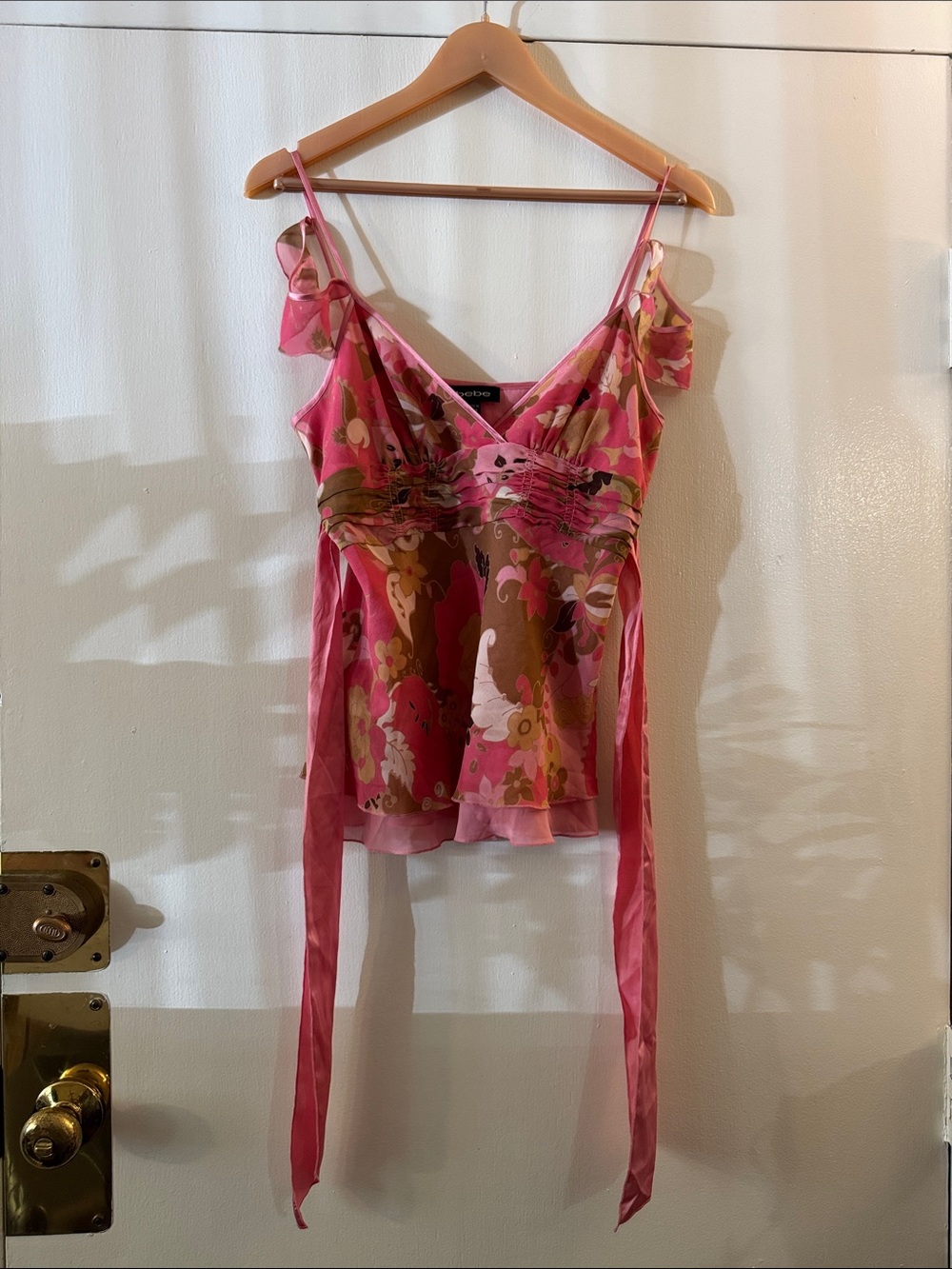 Rare Y2K vintage Bebe Pink Floral Silk Camisole floral tie back fairy Top small - Picture 2 of 6